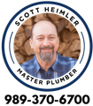 A man with a beard is in a circle with text "Scott Heimler, Master Plumber" and a phone number.