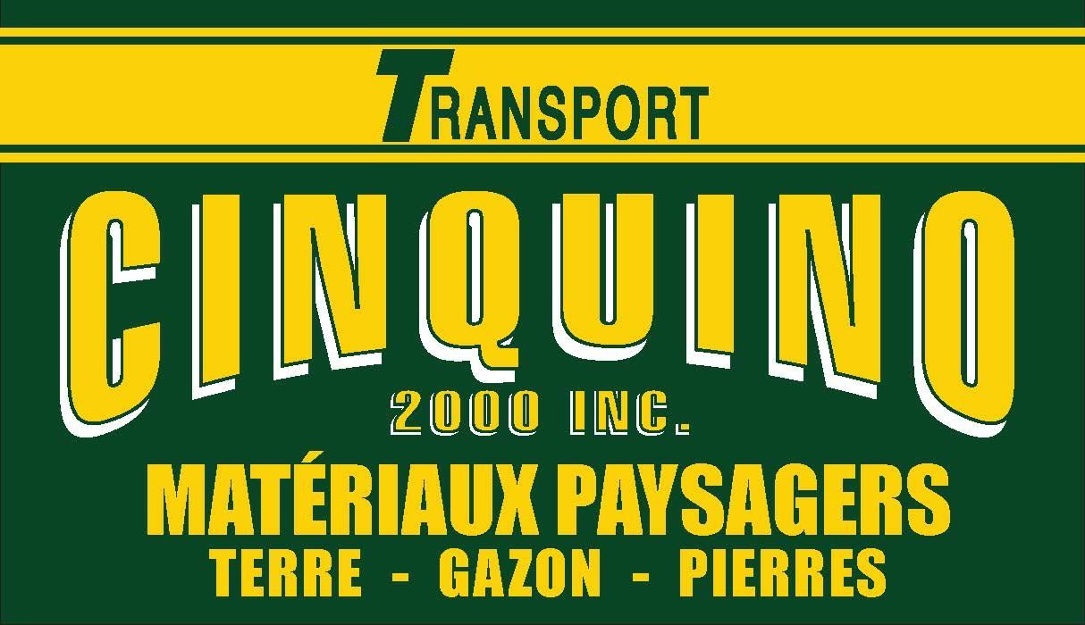Logo pour Transport Cinquino 2000 Inc., une entreprise de matériaux d'aménagement paysager, avec un texte vert et jaune.