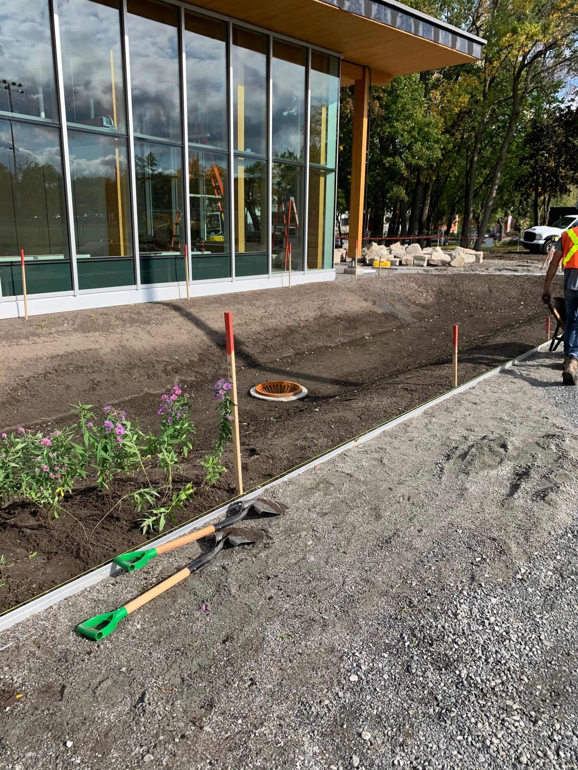 Une allée de gravier et un parterre de fleurs sont en cours d'aménagement à côté d'un bâtiment aux parois de verre ; des pelles sont présentes.