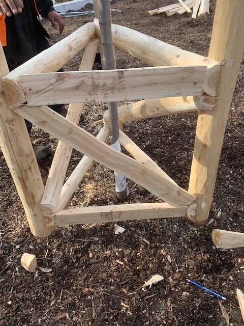 Structure en bois soutenant un poteau, composée de rondins formant un triangle.
