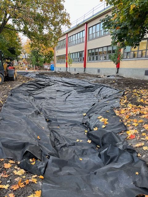 Une bâche noire recouvre une zone excavée à côté d'un bâtiment, entourée de feuilles et d'un petit engin de chantier.