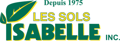Logo pour Les Sols Isabelle Inc. avec un motif de feuille verte et le nom de l'entreprise en vert et jaune.