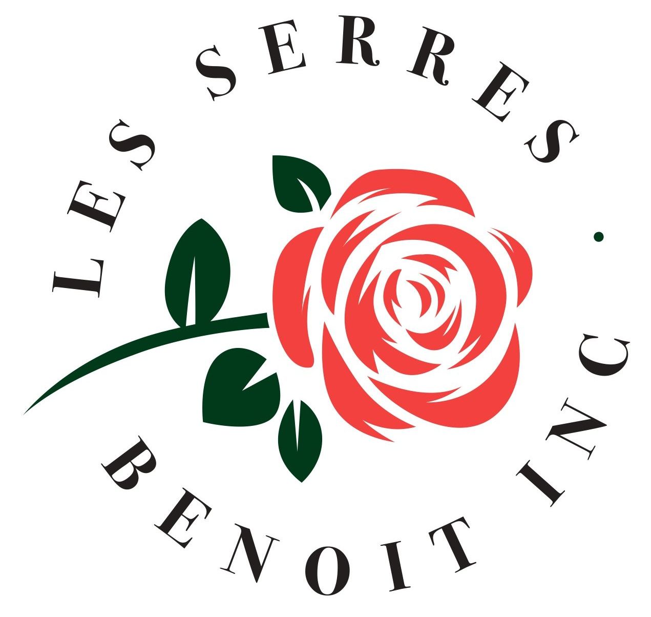 Logo de Les Serres Benoit Inc., représentant une rose rouge, des feuilles et une tige vertes, et du texte autour.
