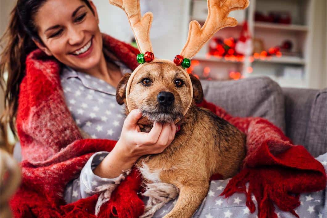 Woman smiles at dog wearing reindeer antlers, sitting on lap under a red blanket.