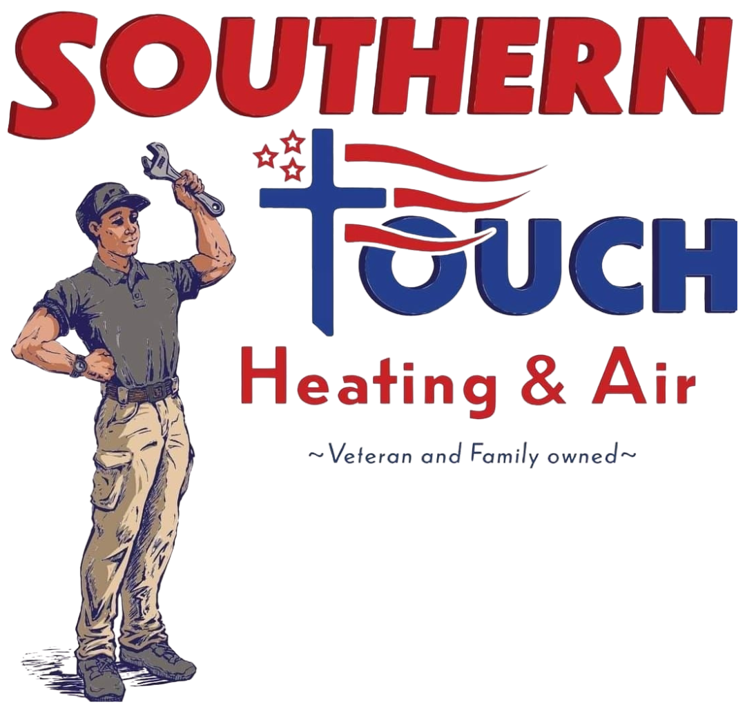 Southern Touch Heating & Air logo with a technician holding a wrench, red/blue text. "Veteran and Family owned."