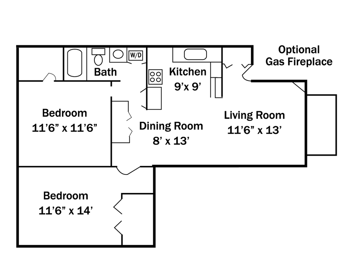 Floor plan of a two-bedroom apartment with a kitchen, dining room, living room, and bathroom.