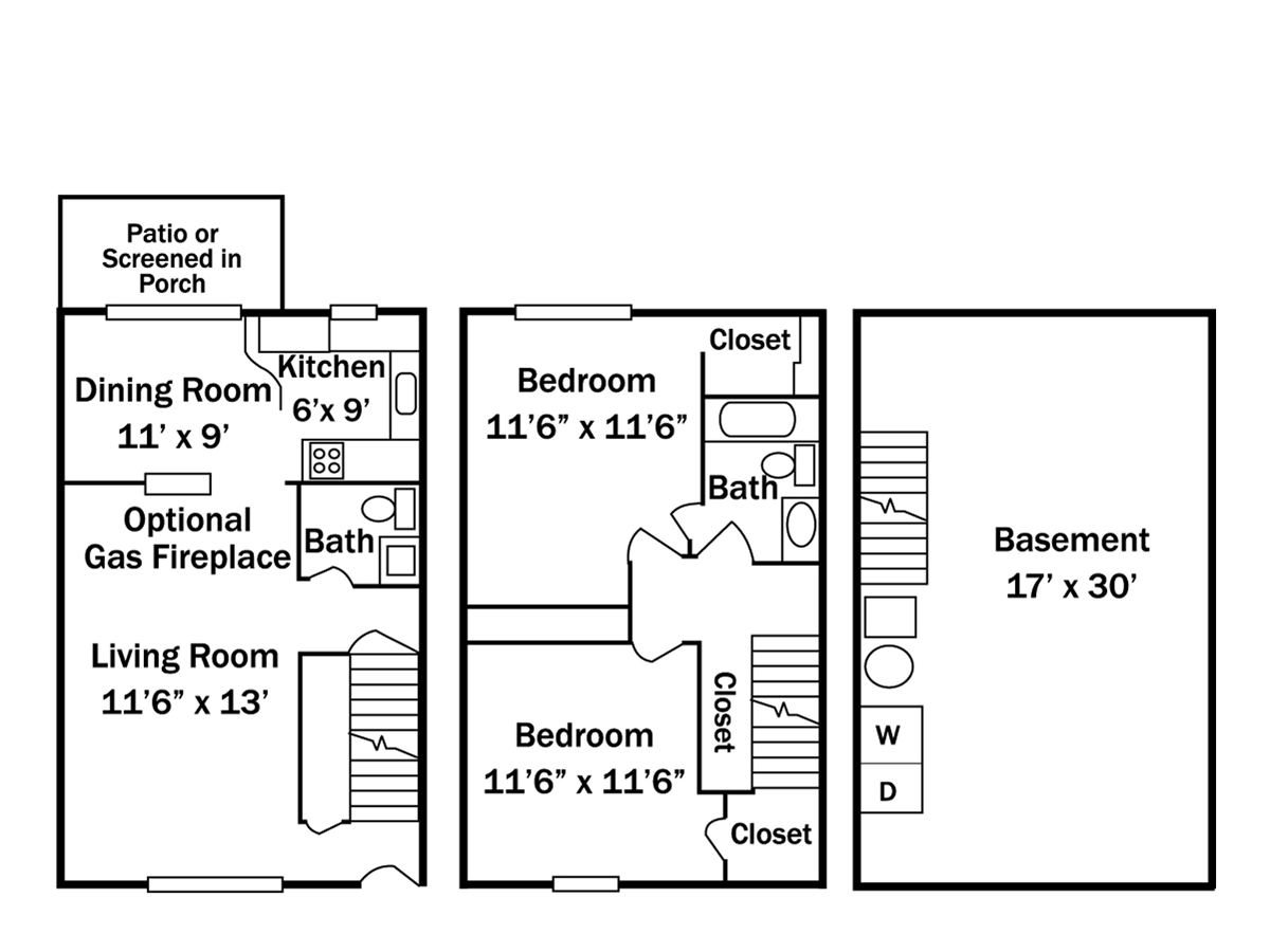 Floor plan of a house with dining room, kitchen, living room, two bedrooms, a basement, and a patio.