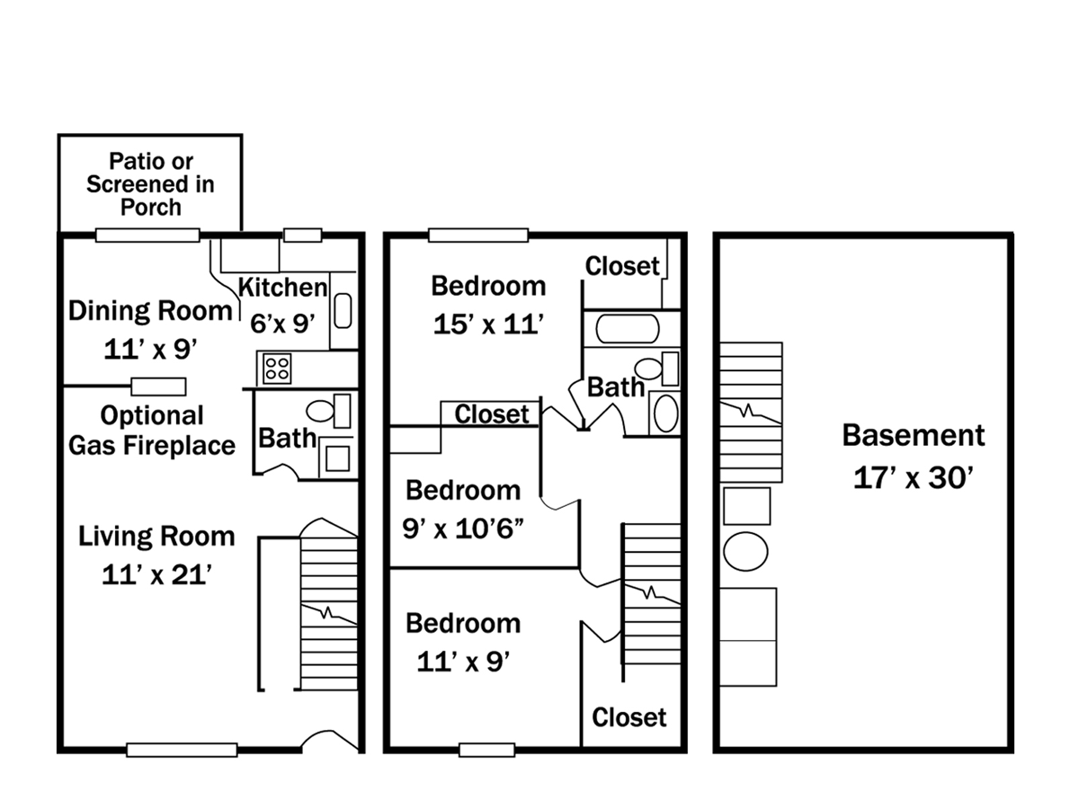 Floor plan of a multi-level house with dimensions labeled for each room, including a basement, bedrooms, and living spaces.