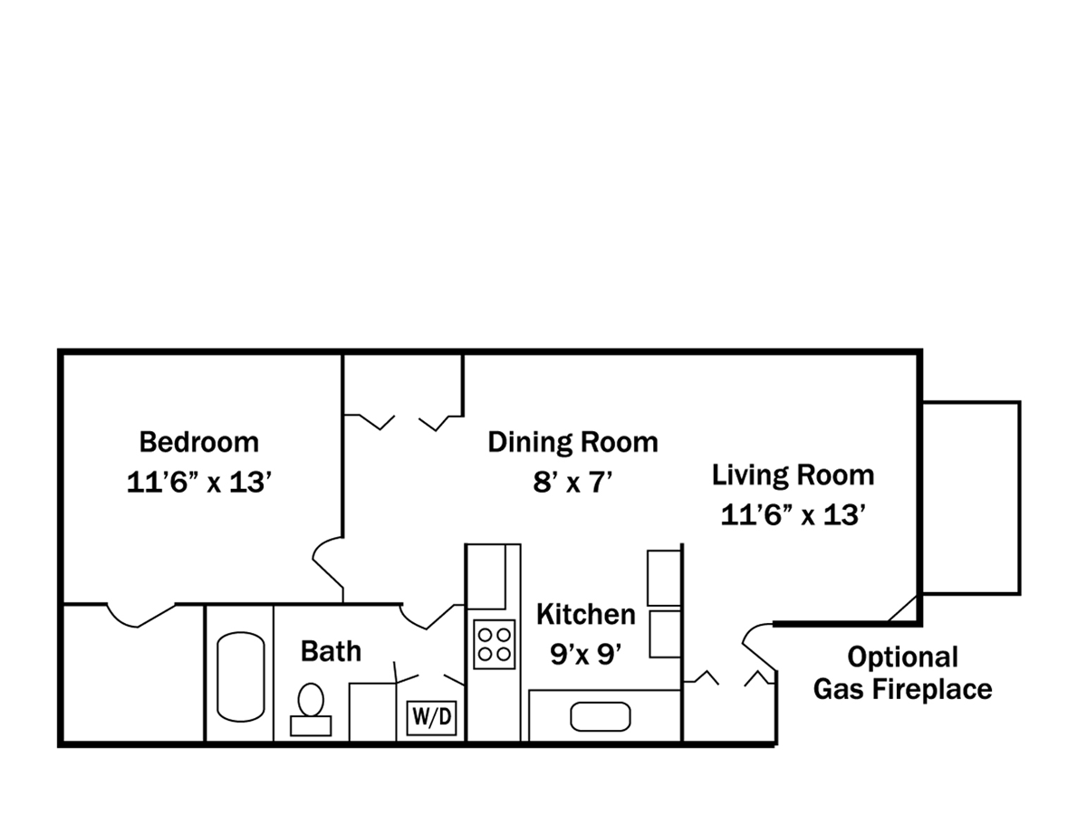 Floor plan of a one-bedroom apartment with a living room, dining room, kitchen, and bathroom.