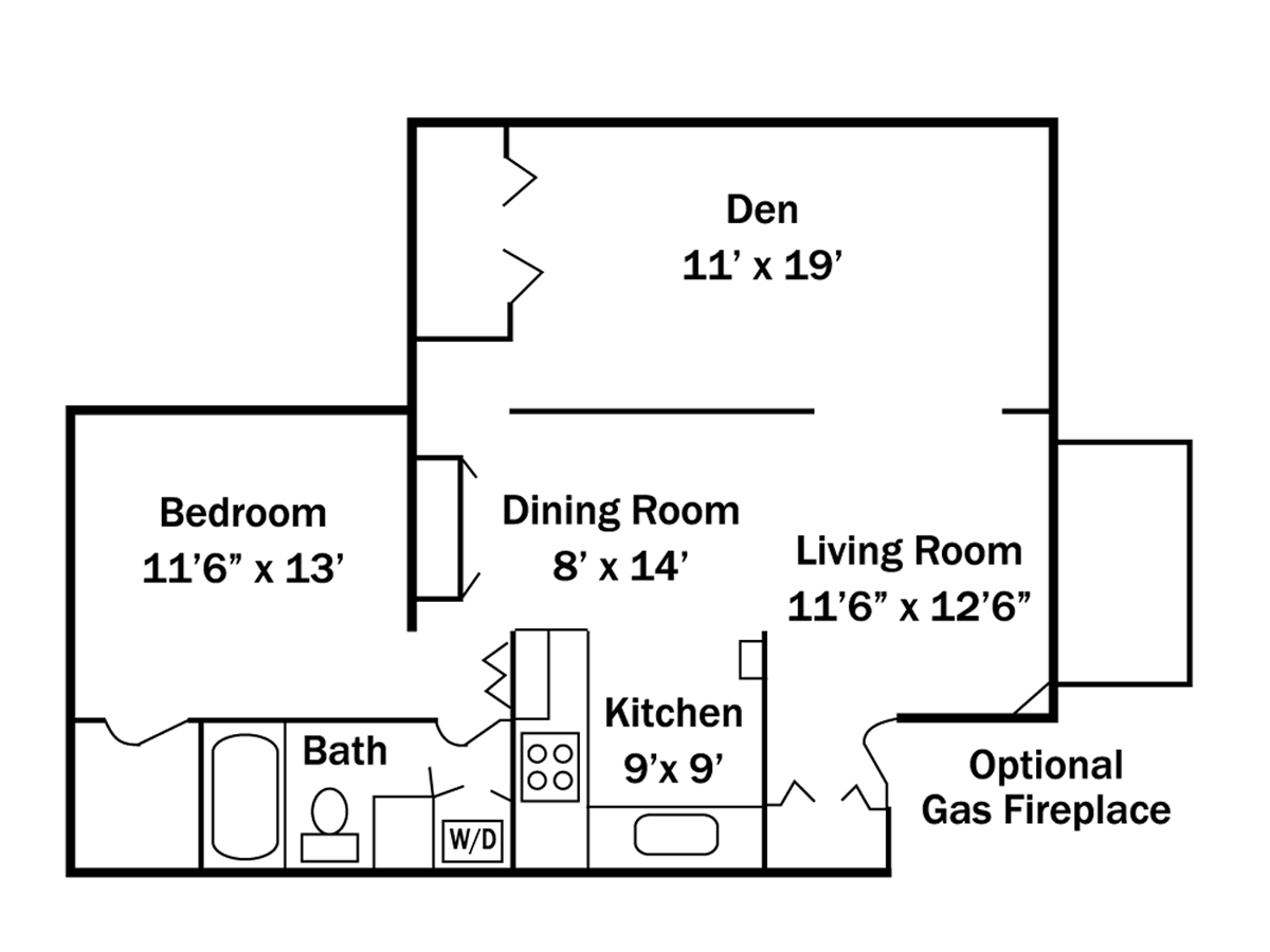 Floor plan showing a one-bedroom apartment layout with a den, dining room, living room, and kitchen.