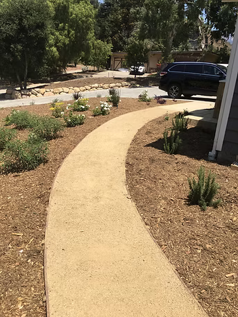 A curving tan walkway through a landscaped yard, leading to a black SUV and trees.