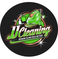 JJ Cleaning logo: Green cleaning machine and pail, logo text, 