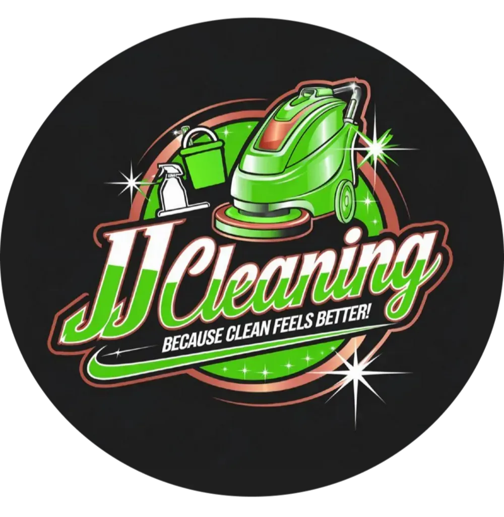 Logo for JJ Cleaning, featuring a green floor cleaner, bucket, and text on a black background.