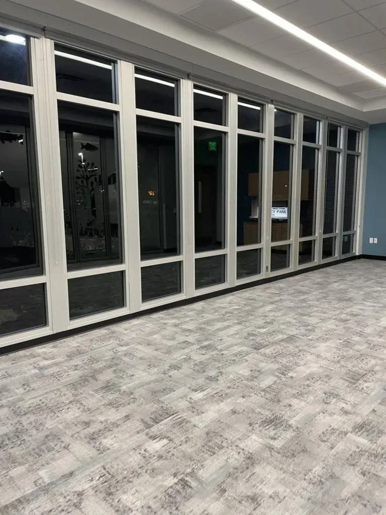 Large windows with white frames along a wall with gray carpet.