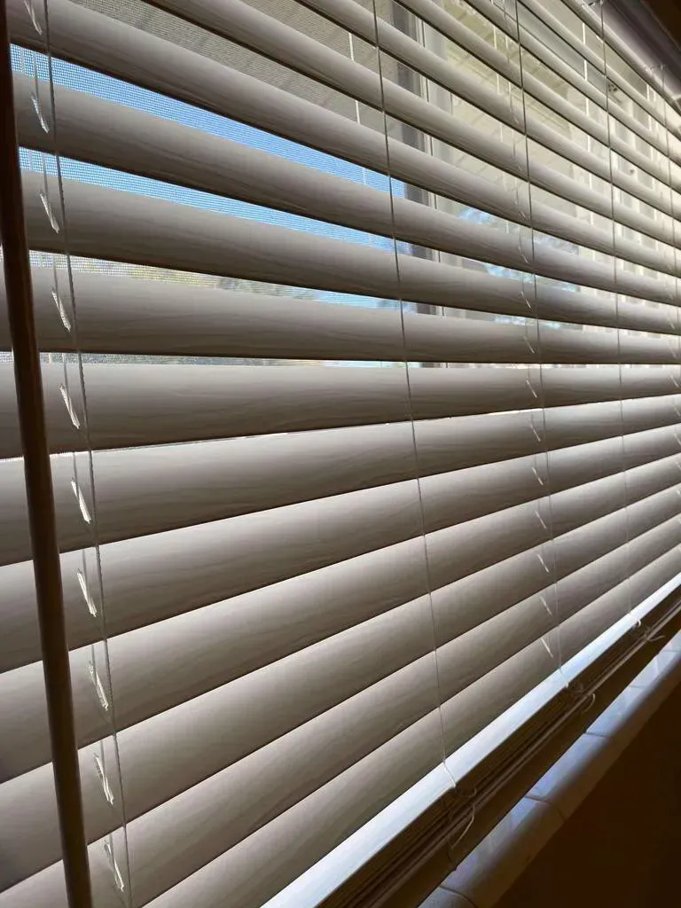 Beige horizontal blinds partially open, allowing sunlight to stream through.