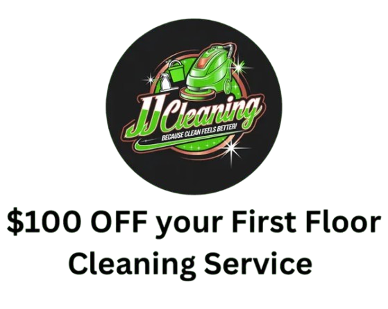 Logo for JJ Cleaning with a vacuum cleaner. Text says $100 OFF your First Floor Cleaning Service.
