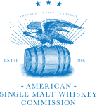 The logo for the american single malt whiskey commission shows an eagle sitting on top of a barrel.