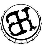 A black and white drawing of a bottle cap with the letter h in the center.