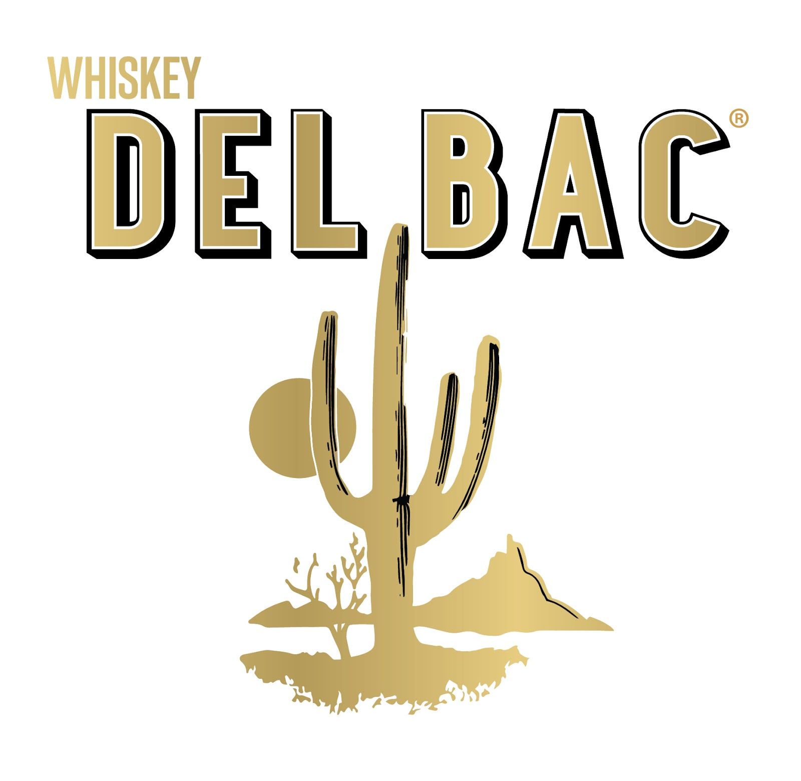 A logo for del bac whiskey with a cactus in the desert