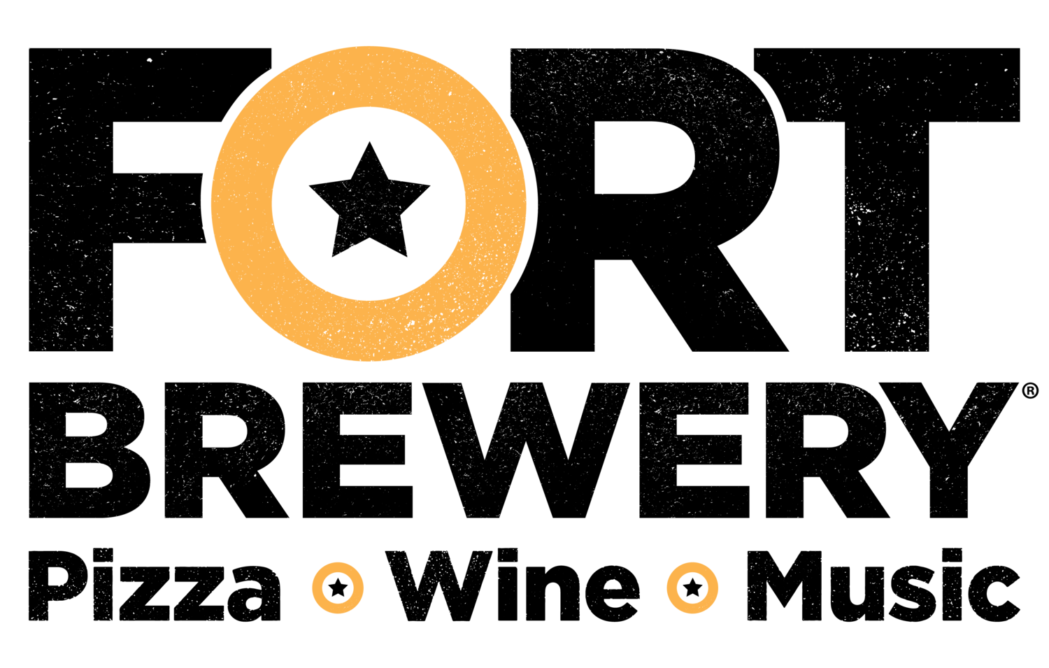 The logo for fort brewery pizza , wine , and music
