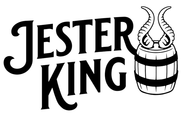 A black and white logo for jester king with a barrel and horns.