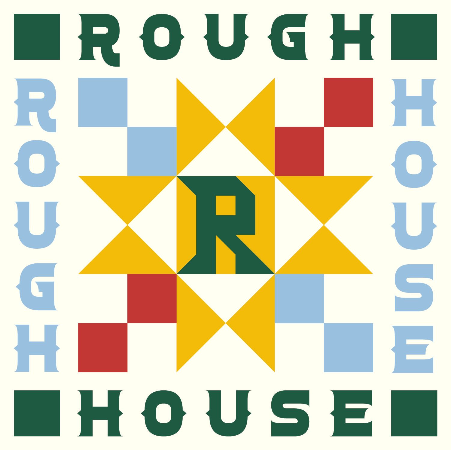 A logo for rough house with a quilt pattern