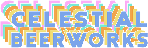 The word celestial beerworks is written in colorful letters on a white background.