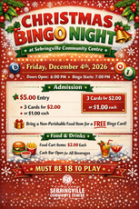 Christmas Bingo Night poster with red festive background, December 4, 2026, admission details, food and drinks, and 18+ notice