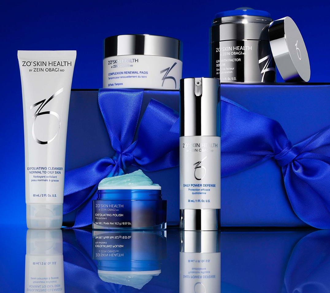 zo skin health products on blue present box