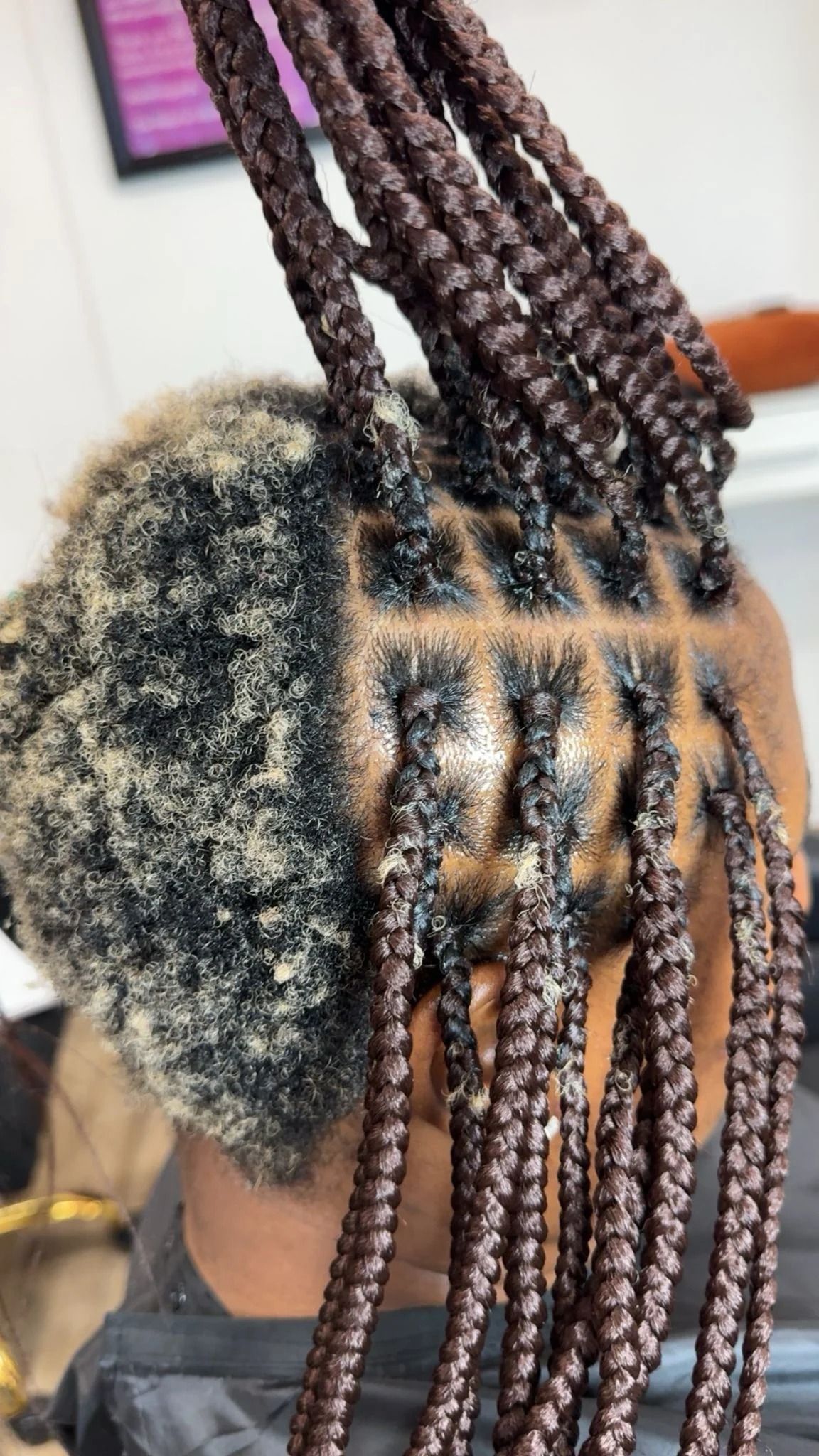 Braided hairstyle close-up with dark braids and a short, blond-tipped section on the side