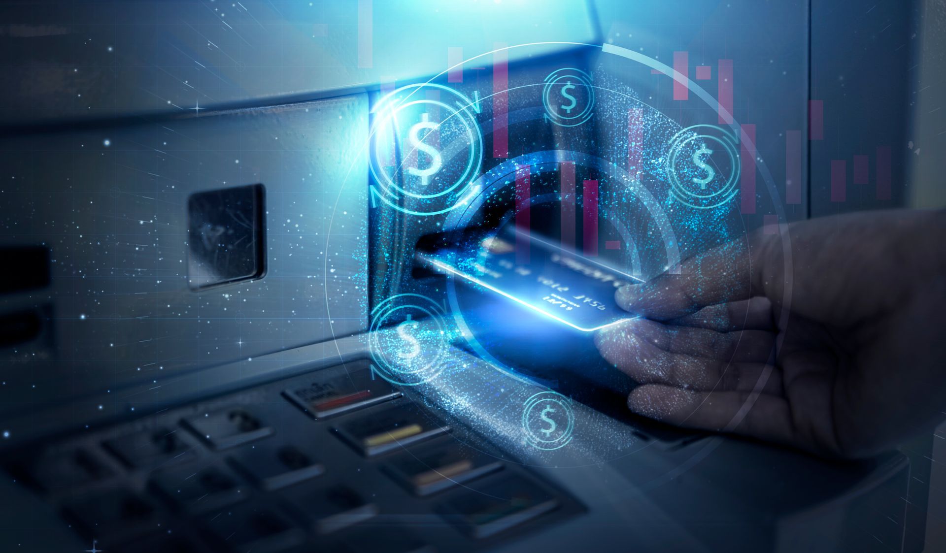 Person using a credit card at an ATM with a keypad and screen in a gray kiosk