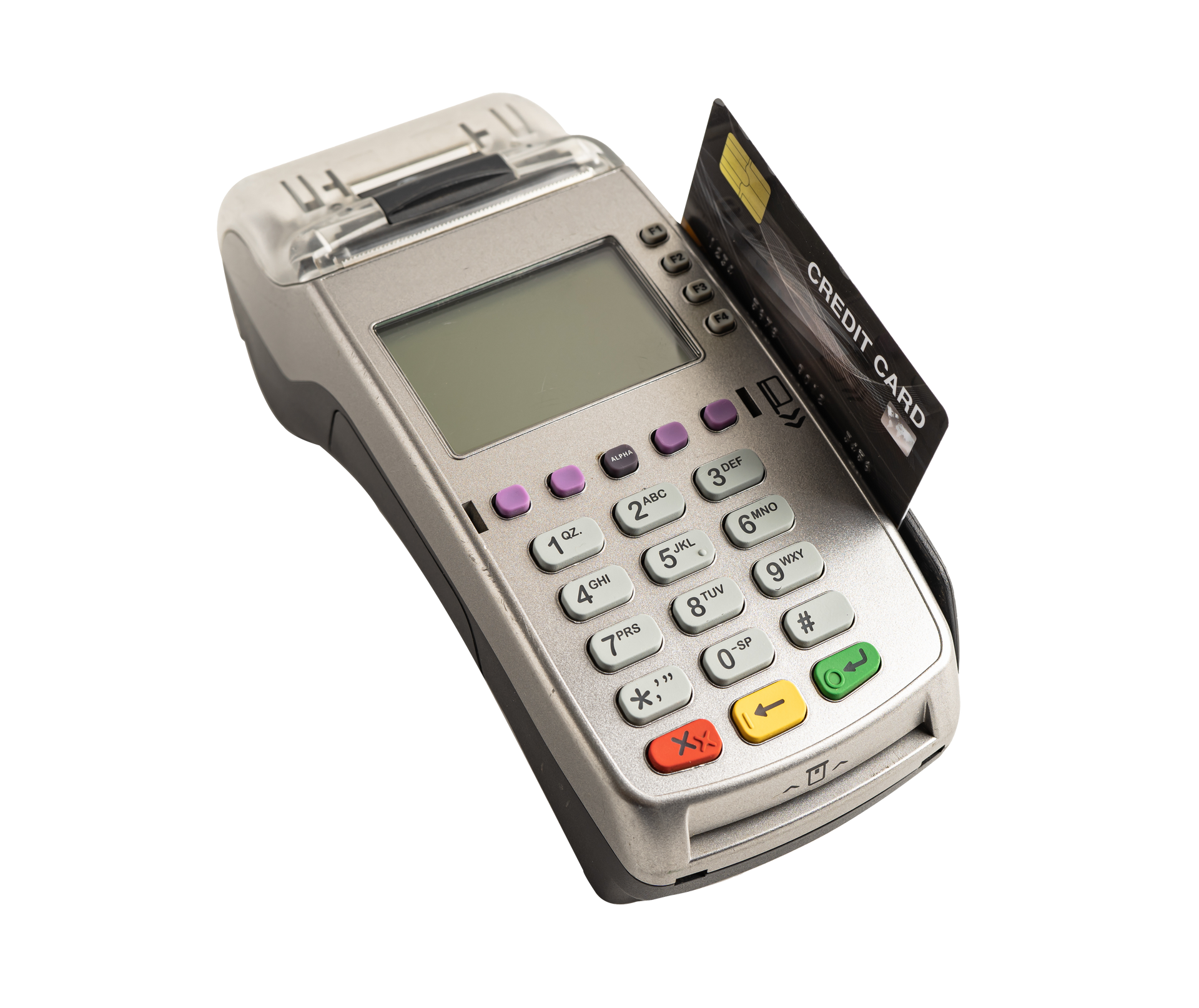 Credit card payment terminal with keypad, screen, and card inserted