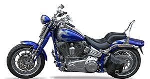 Blue and chrome Harley-Davidson motorcycle with saddlebags and a backrest, against a white background.