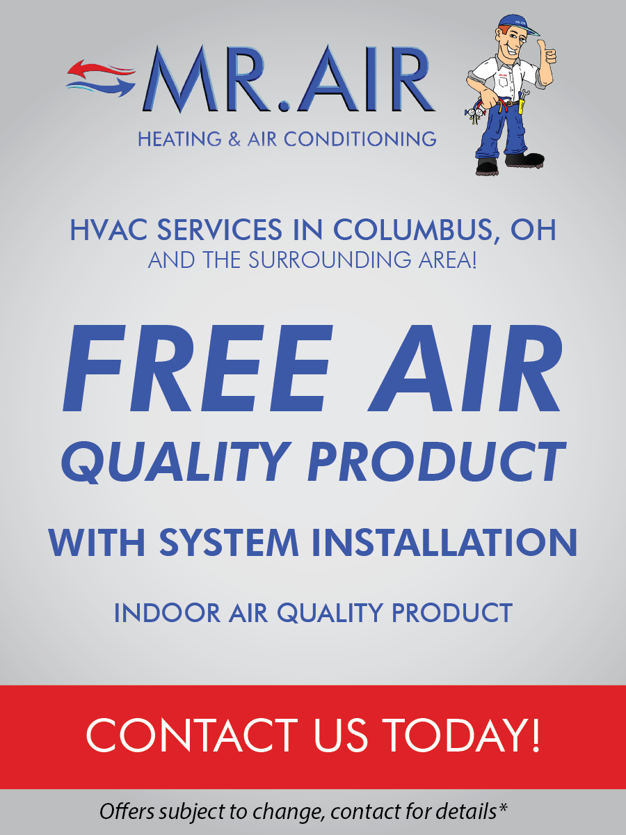 MR. AIR HVAC ad offering free air quality product with system installation in Columbus, OH, red and blue text