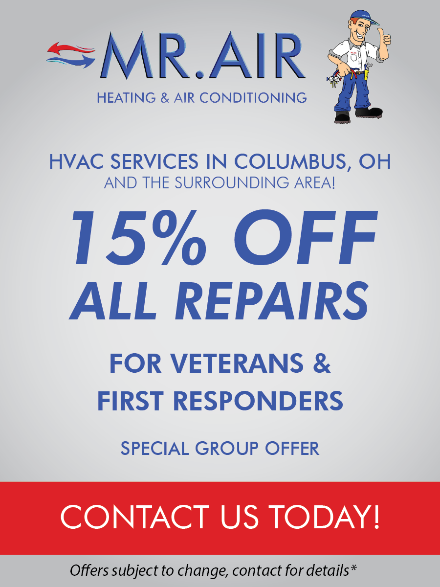 MR. AIR ad offering 15% off repairs for veterans and first responders in Columbus, OH