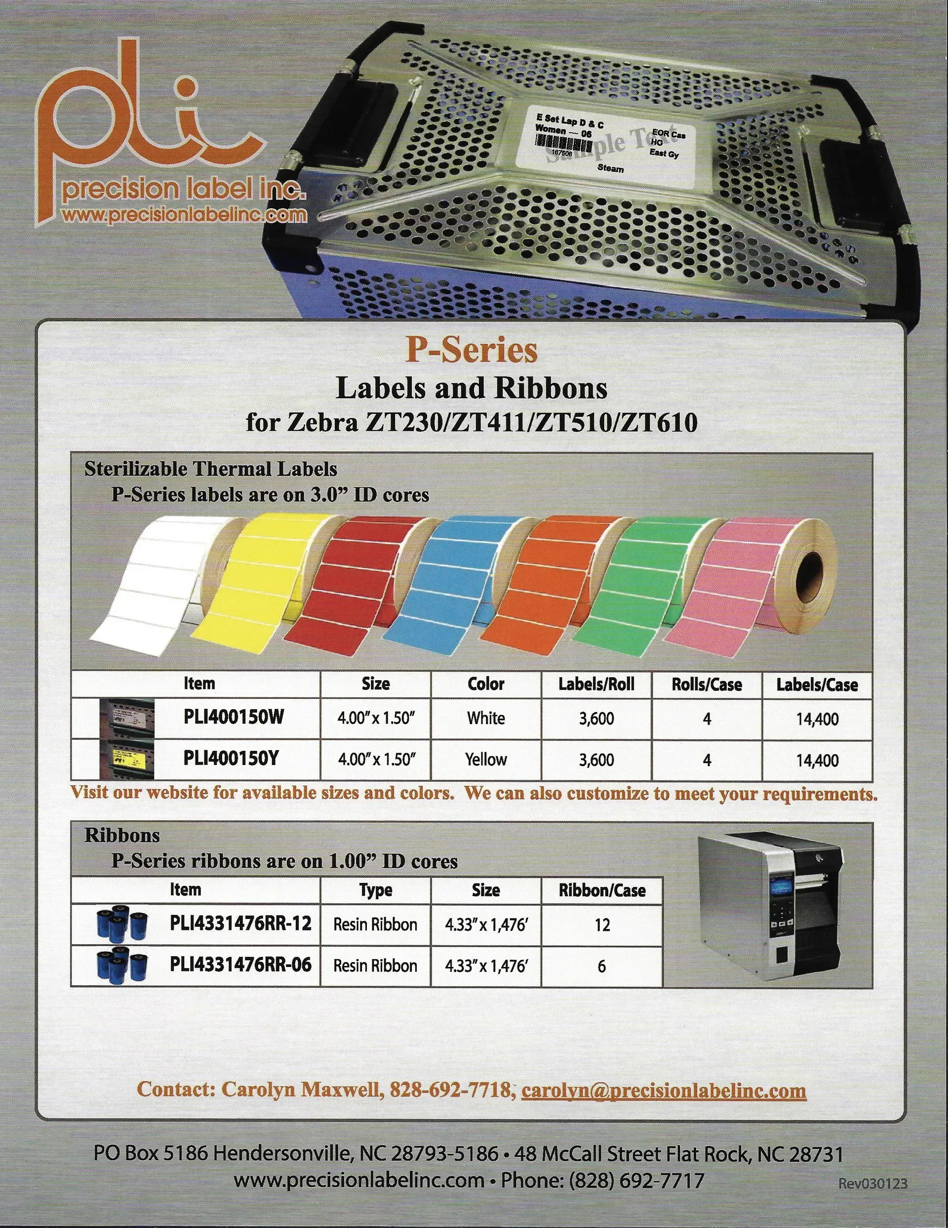 Brochure for P-Serts label and ribbon printer cartridges, showing colorful ink ribbons and product specs