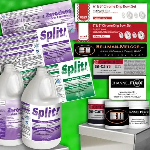 Assorted industrial chemicals, cleaners, and adhesive labels arranged in a collage of product packaging.
