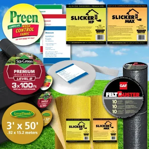 Assorted roofing underlayment and felt products with colorful packaging on a blue background