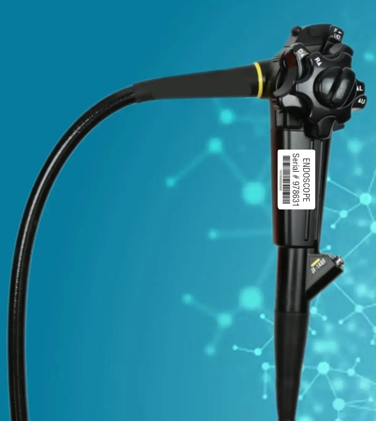 Black flexible endoscope on blue background with white barcode label