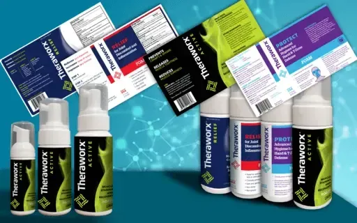 Assorted TheraX packaging and bottles in black, white, blue, green, and purple on a blue background