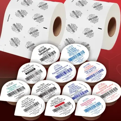 Assorted round barcode labels and large label rolls on a red surface, with white printed backing paper.
