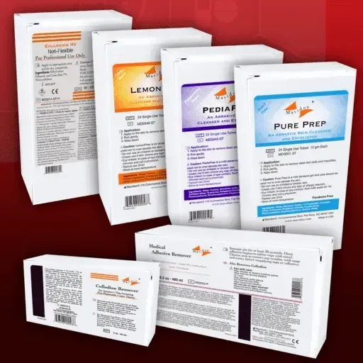 Assorted white product packaging boxes and pouches with orange, purple, and blue labels on a red background