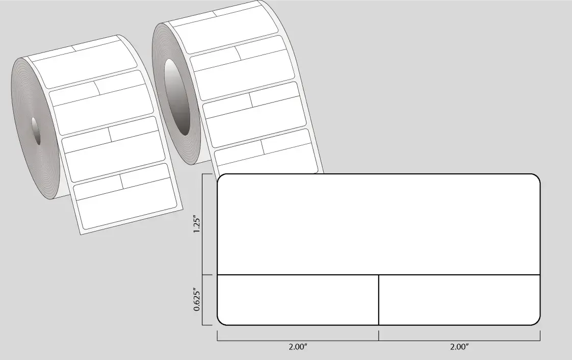 Two white adhesive rolls and a blank rectangular label template with measurements