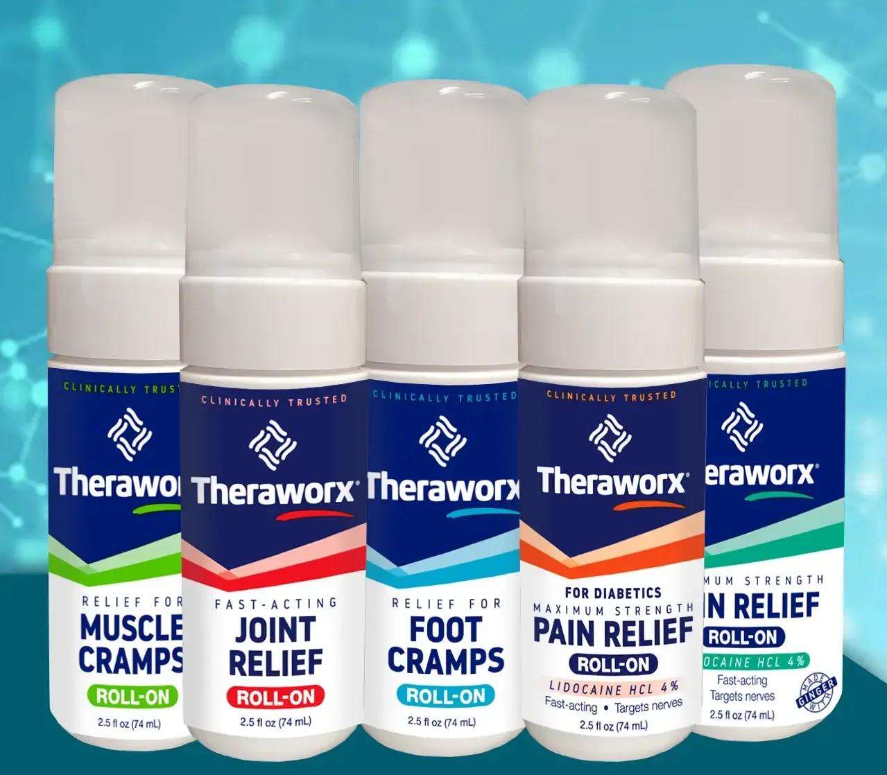 Theraworx rolls-on bottles for muscle cramps, joint relief, foot cramps, and pain relief