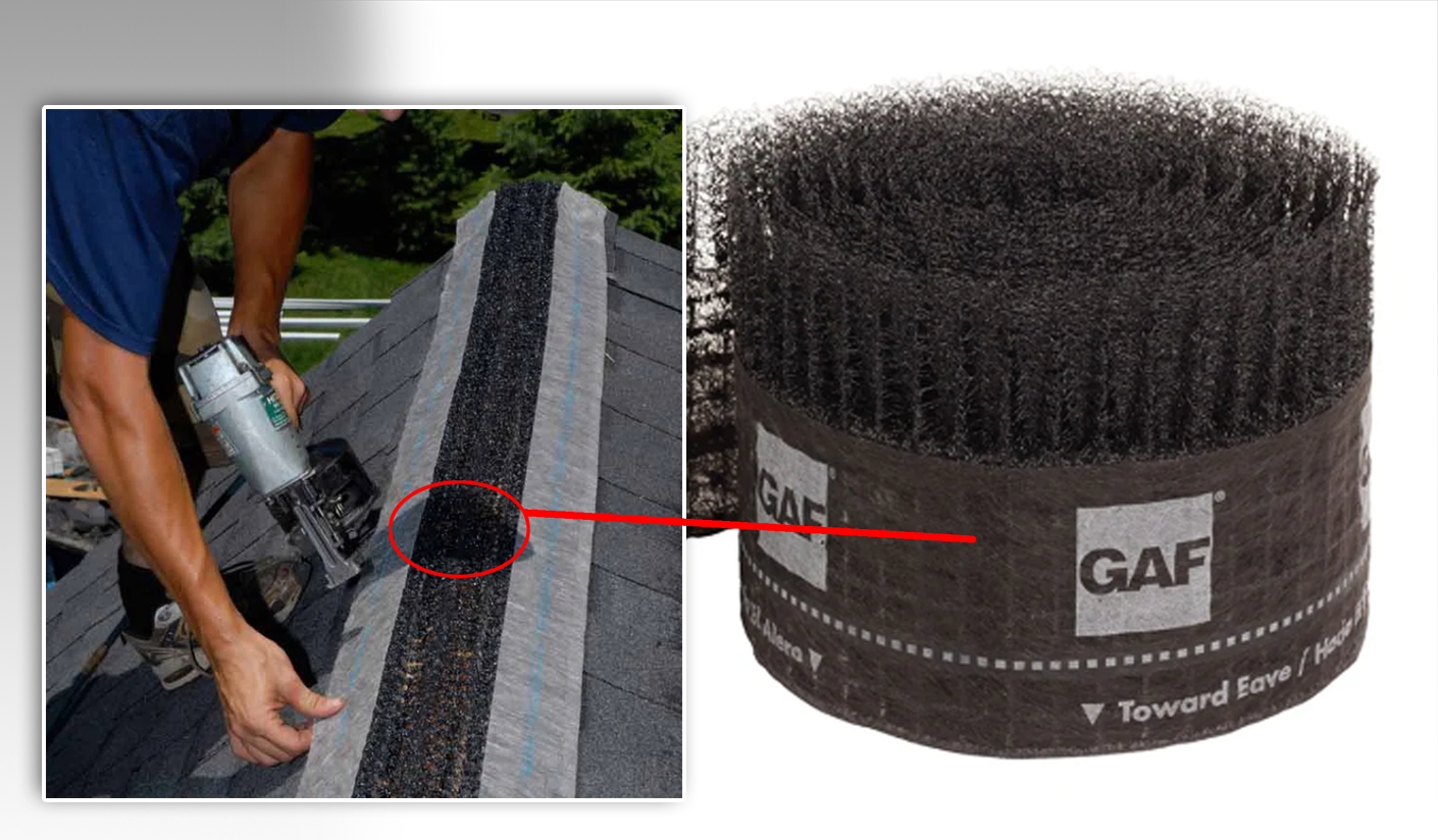 Worker applying black roof brush sealant tape with a tool, next to a close-up roll of GAF product