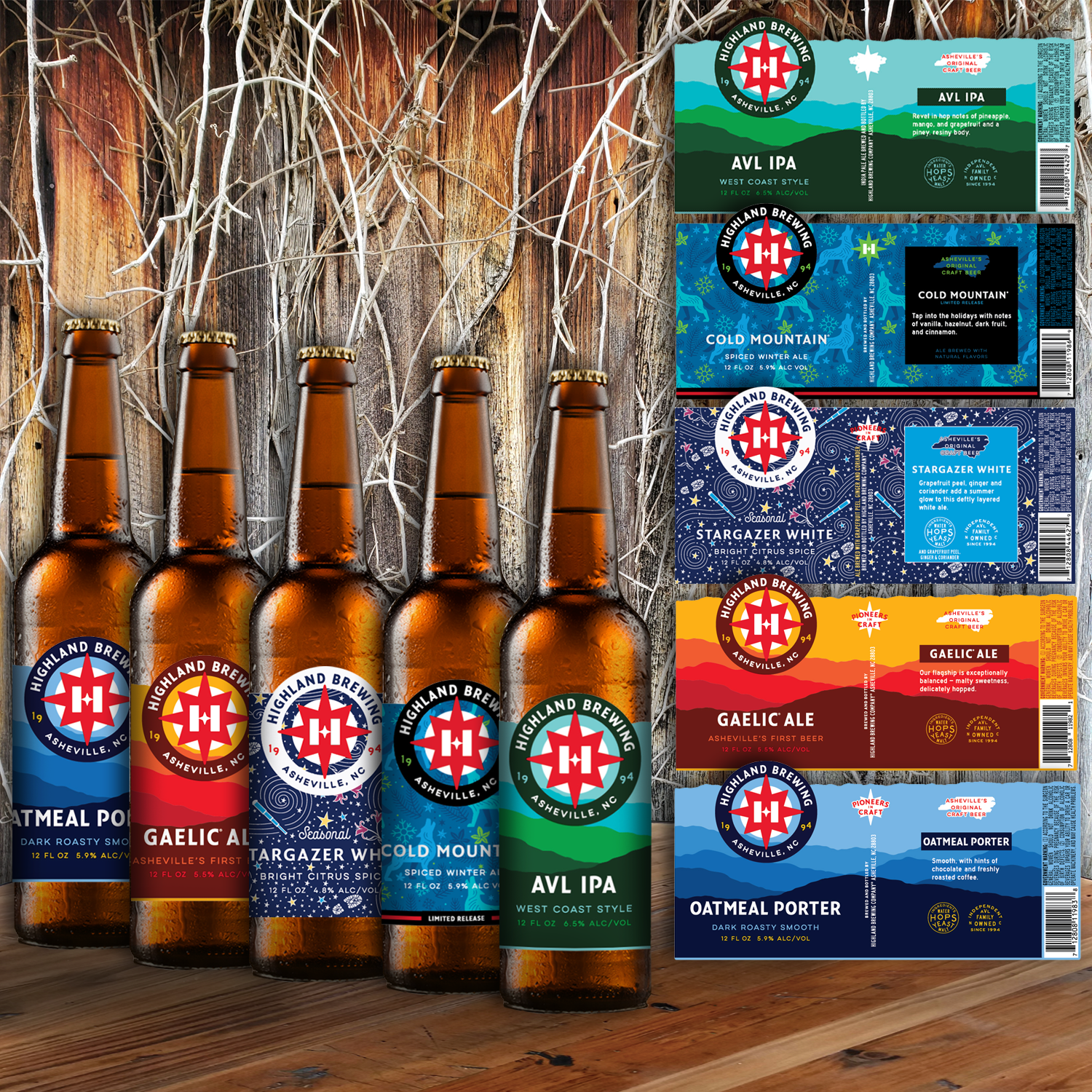 Six craft beer bottles with colorful labels beside stacked beer cartons on a wooden background