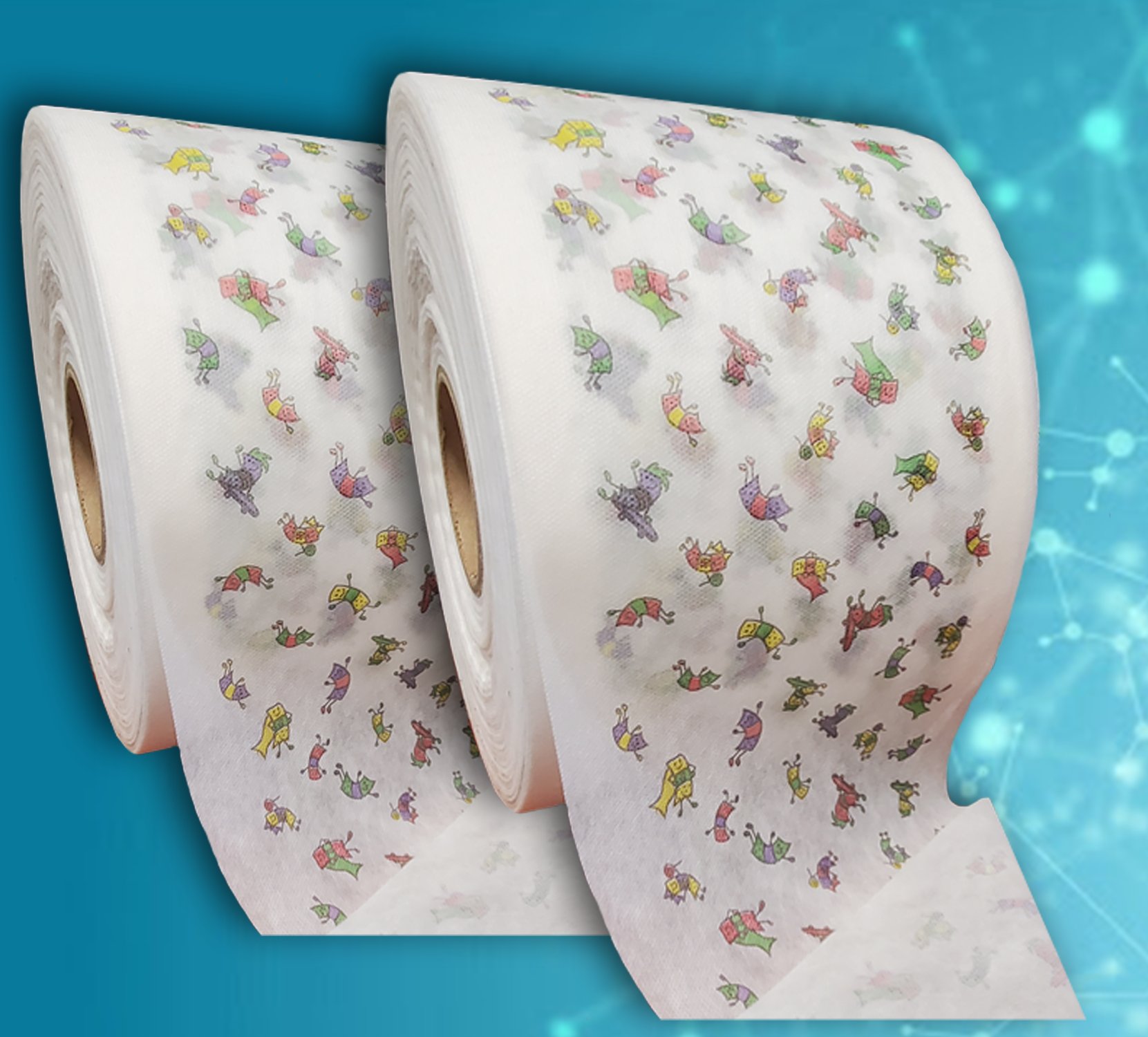 Two rolls of white toilet paper with small colorful floral prints on a blue background