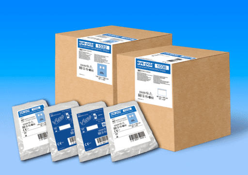Cardboard shipping boxes and sealed mailer bags with blue-and-white labels on a blue background