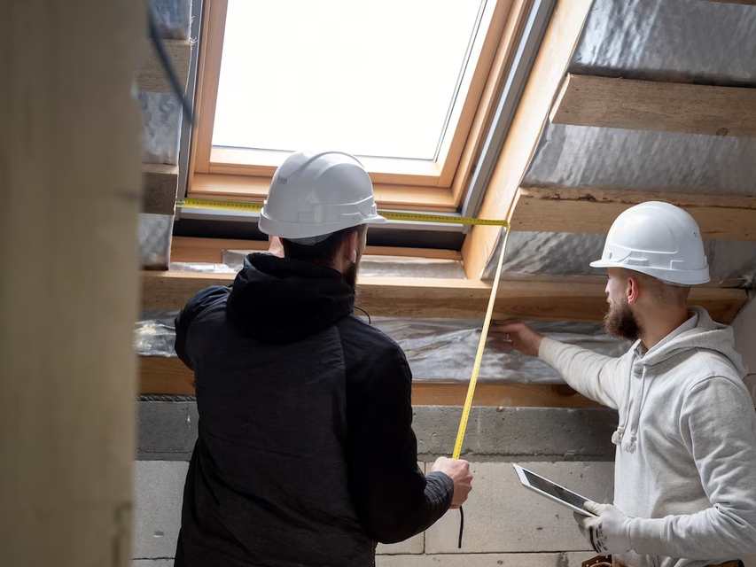 Two workers in hard hats measuring a skylight during construction.
