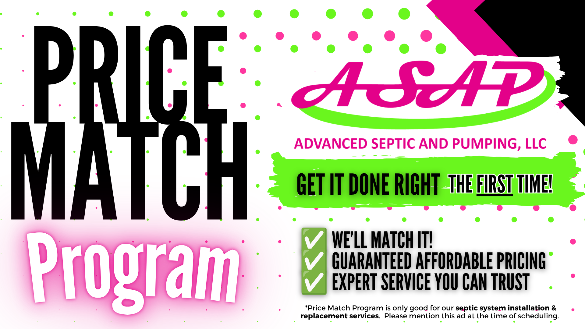 ASAP Advanced Septic and Plumbing promo with “Price Match Program” text on pink, green, and white background